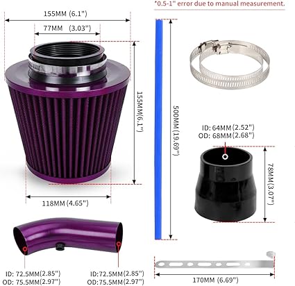 BARTOO 3” Cold Air Intake Kit – Aluminum Pipe & Filter, Purple | Universal Perfo image 0