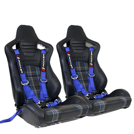 Universal Blue Plaid Racing Seats – Dual Slider | Cam-Lock Belts | PU + Carbon L image 0